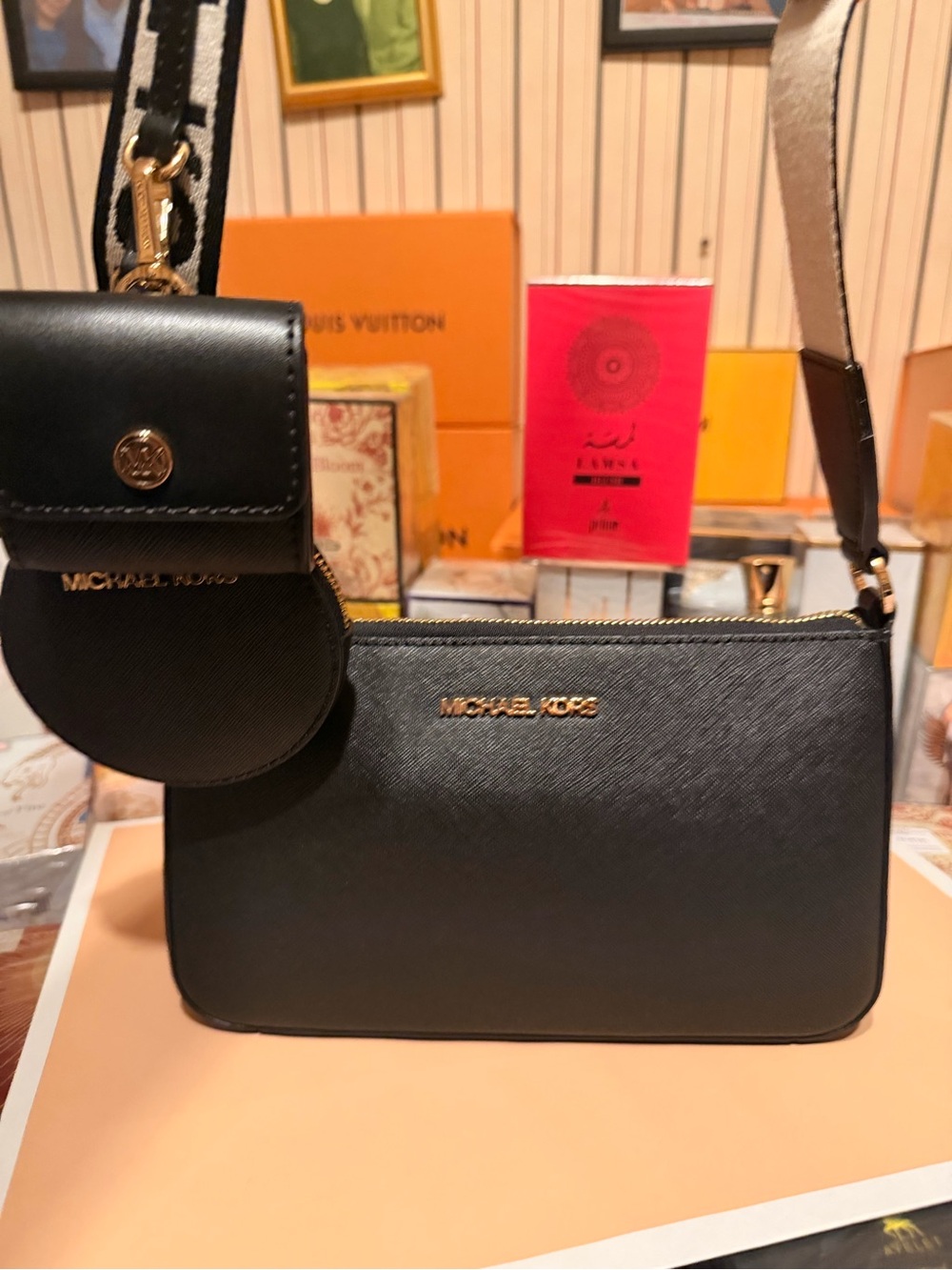 Michael Kors Black Saffiano Crossbody with Branded Canvas Strap - Picture 2 of 13